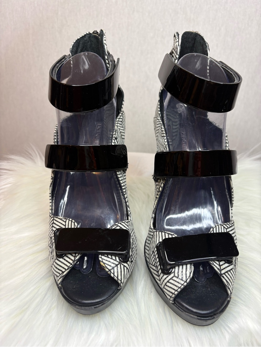BCBGeneration Black and White Striped Patent-Trim Peep-Toe Heels